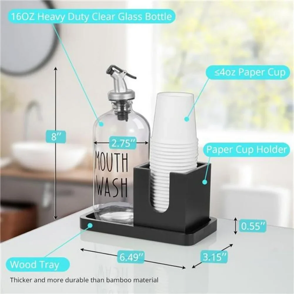 Glass Mouthwash Dispenser with Wood Tray Black Bathroom Countertop Organizer